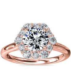 Anillo de compromiso con halo de diamantes en pavé y forma hexagonal en oro rosado de 14 k (3/8 qt. total)